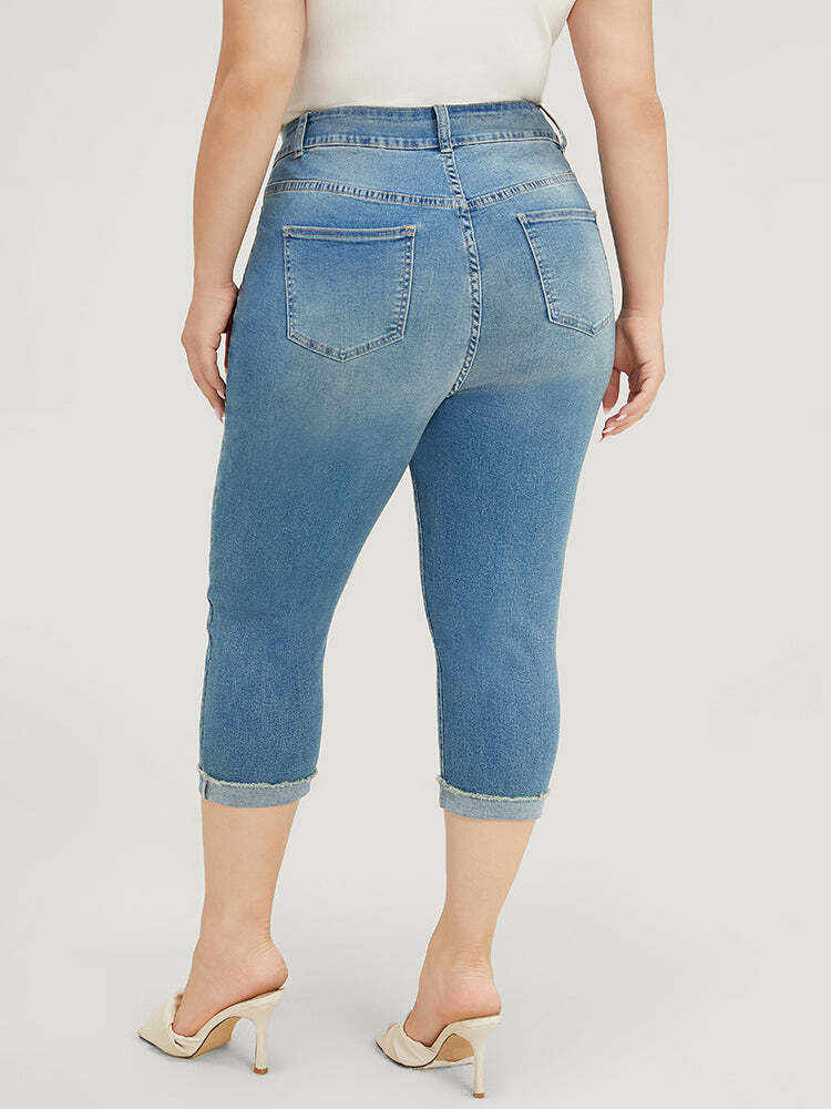 Very Stretchy High Rise Medium Wash Roll Hem Cropped Jeans