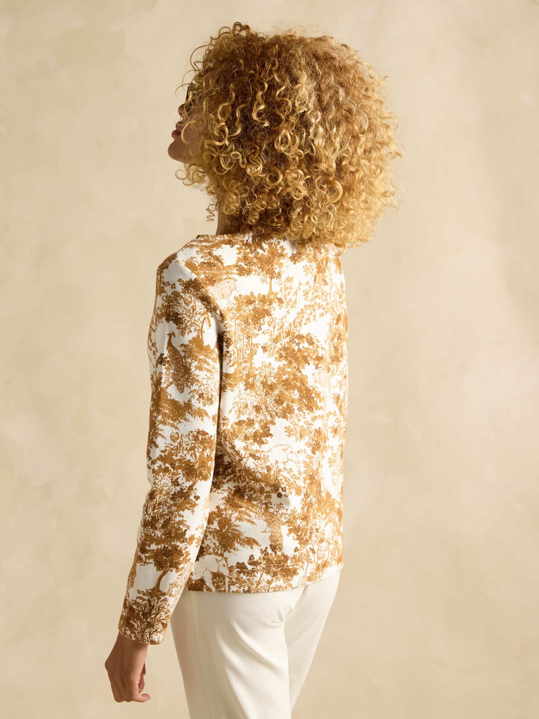 Harbour Tan & Cream Toile de Jouy Boat Neck Printed Top
