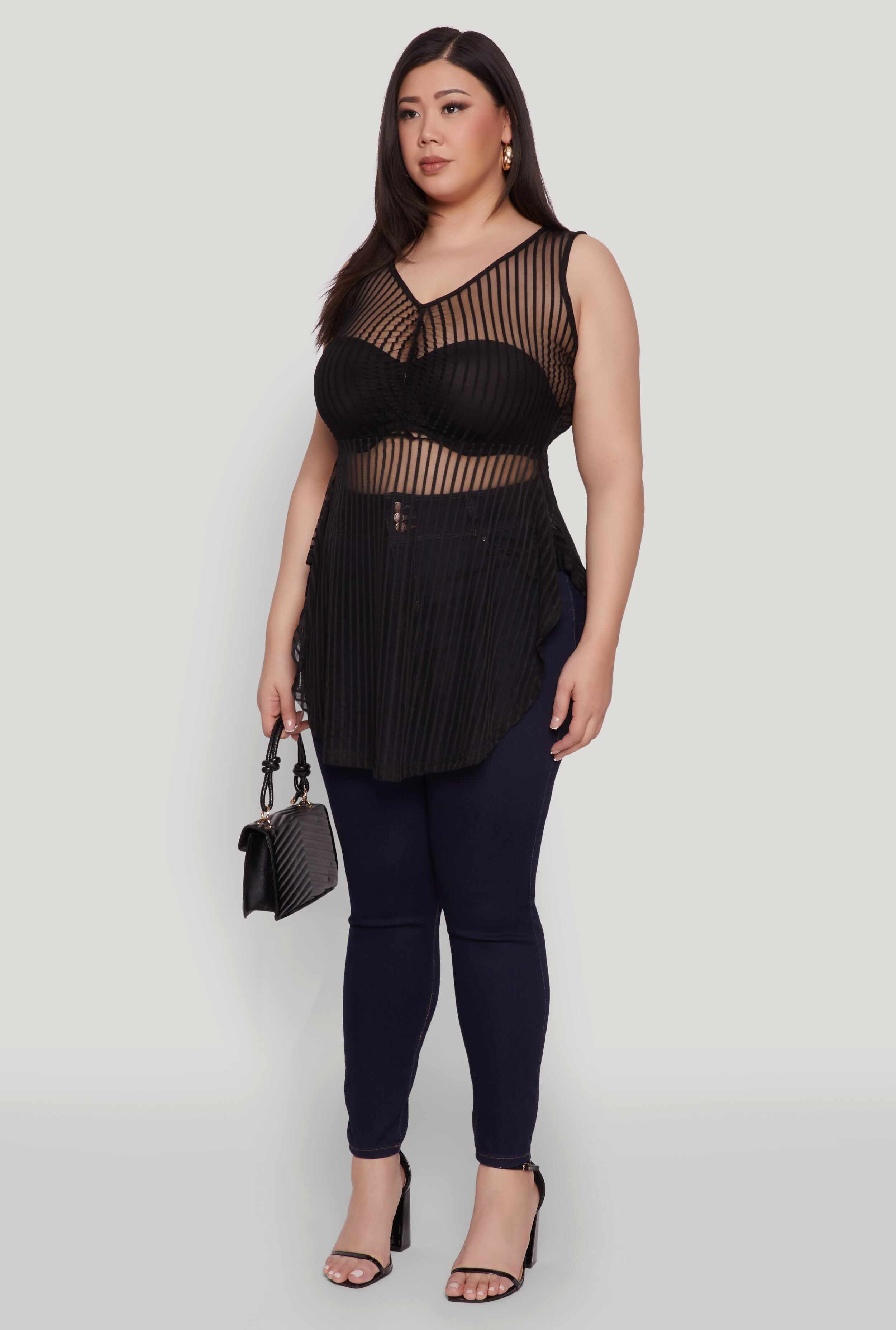 Plus Size Shadow Stripe Sleeveless Mesh Top
