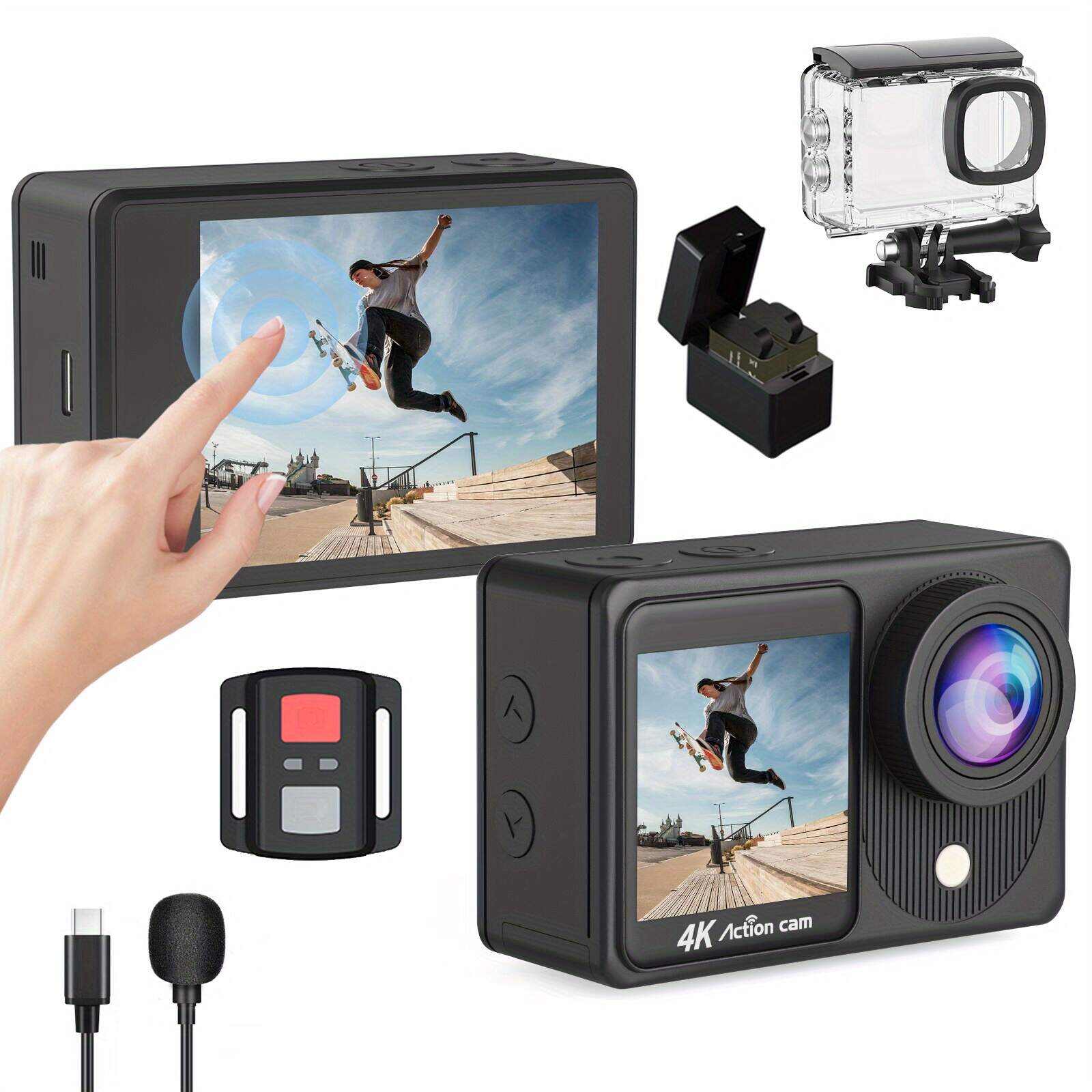 Yolansin 4K Action Camera Touch Screen - Dual Screen Ultra HD EIS WiFi Sports Camera, 1574.8inchUnderwater Camera 170° Wide Angle Video Camera 20MP Waterproof Helmet Camera With Remote Control And 2 Batteries