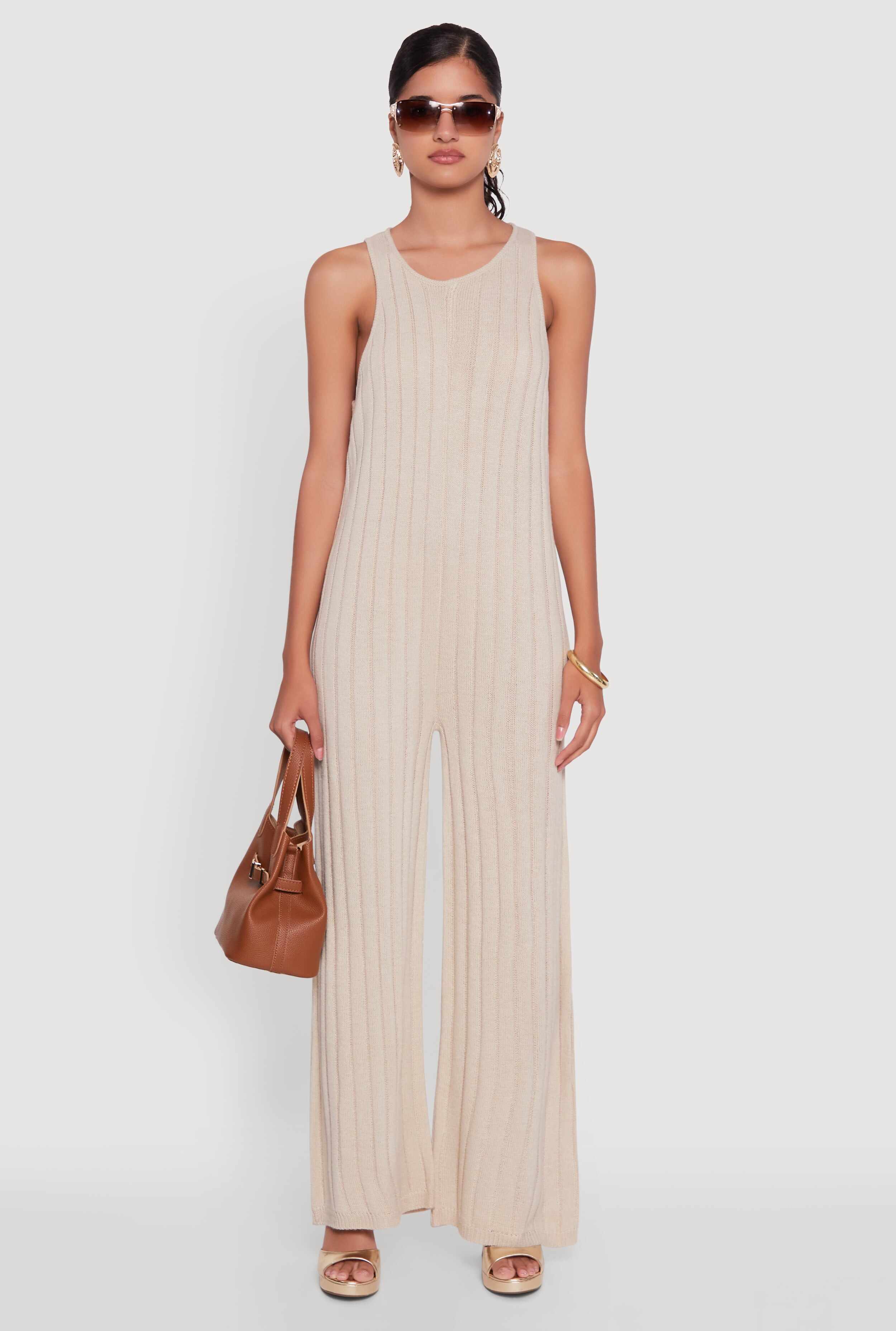 Button Back Keyhole Ribbed Knit Jumpsuit
