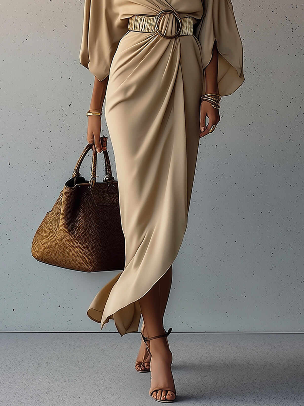 Sand Drape Belted Batwing Midi Dress