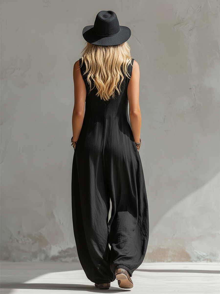 🔥Summer Arrivals🌟Elegant Urban-style Black Cotton And Linen Sleeveless Jumpsuit