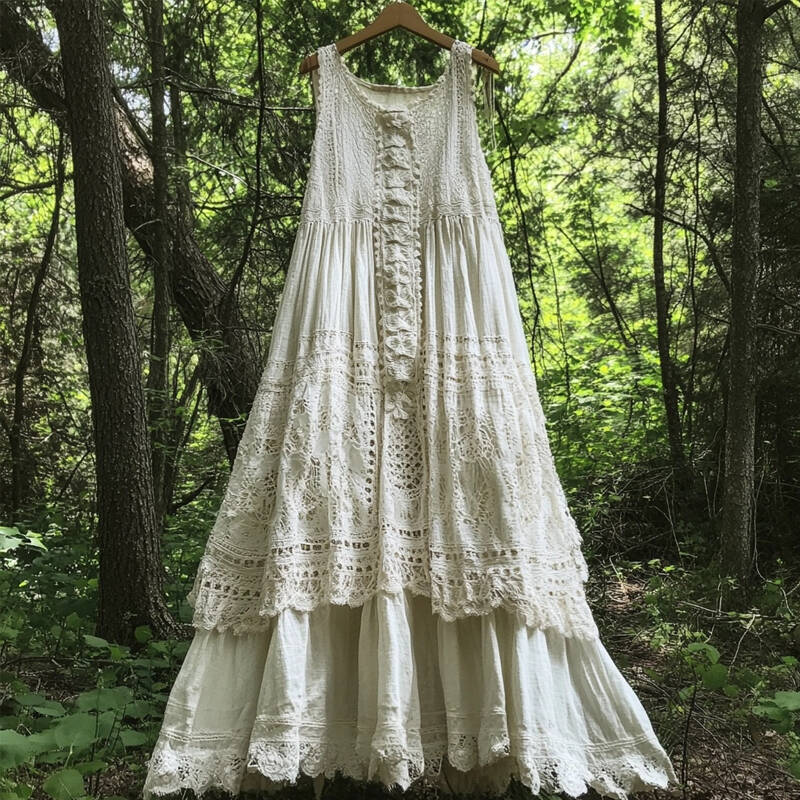 Vintage Floral Lace Patchwork Sleeveless Linen Maxi Dress