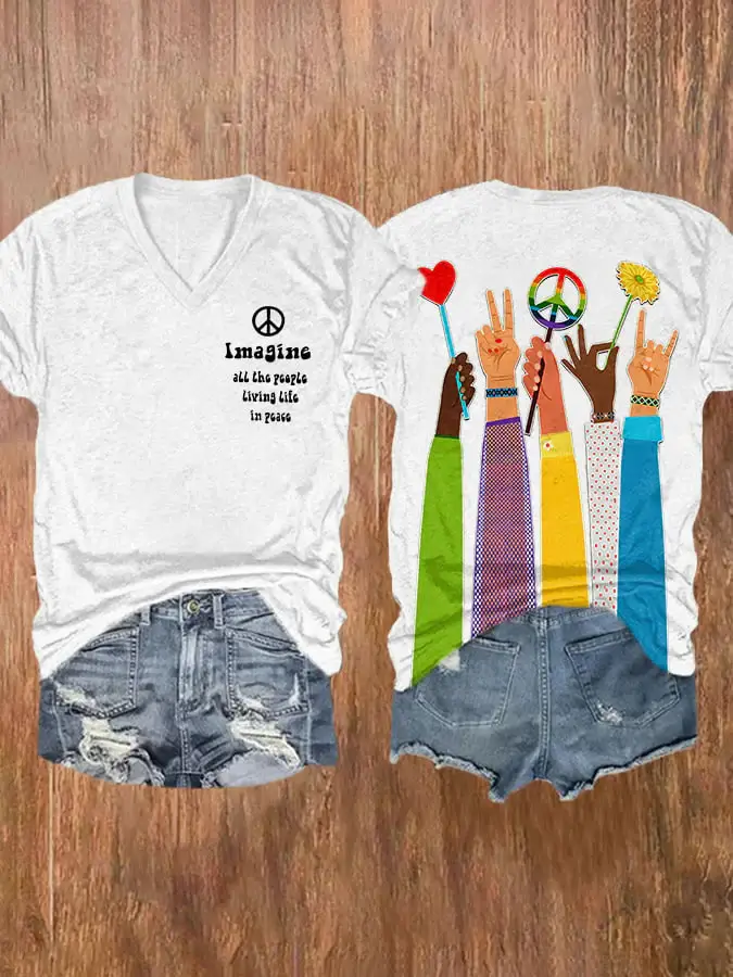 V-neck Retro Hippie Imagine All The People Living Life In Peace Print Shirt