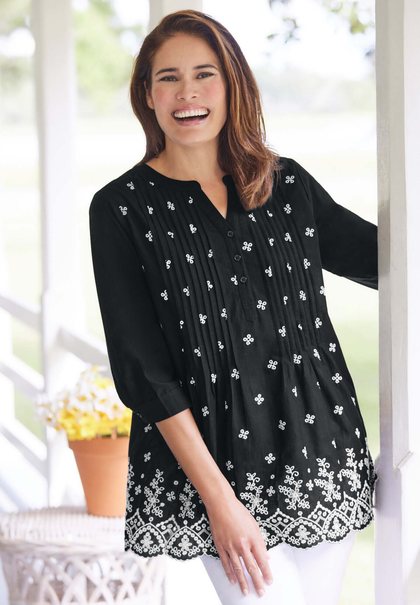 Embroidered Pintuck Tunic