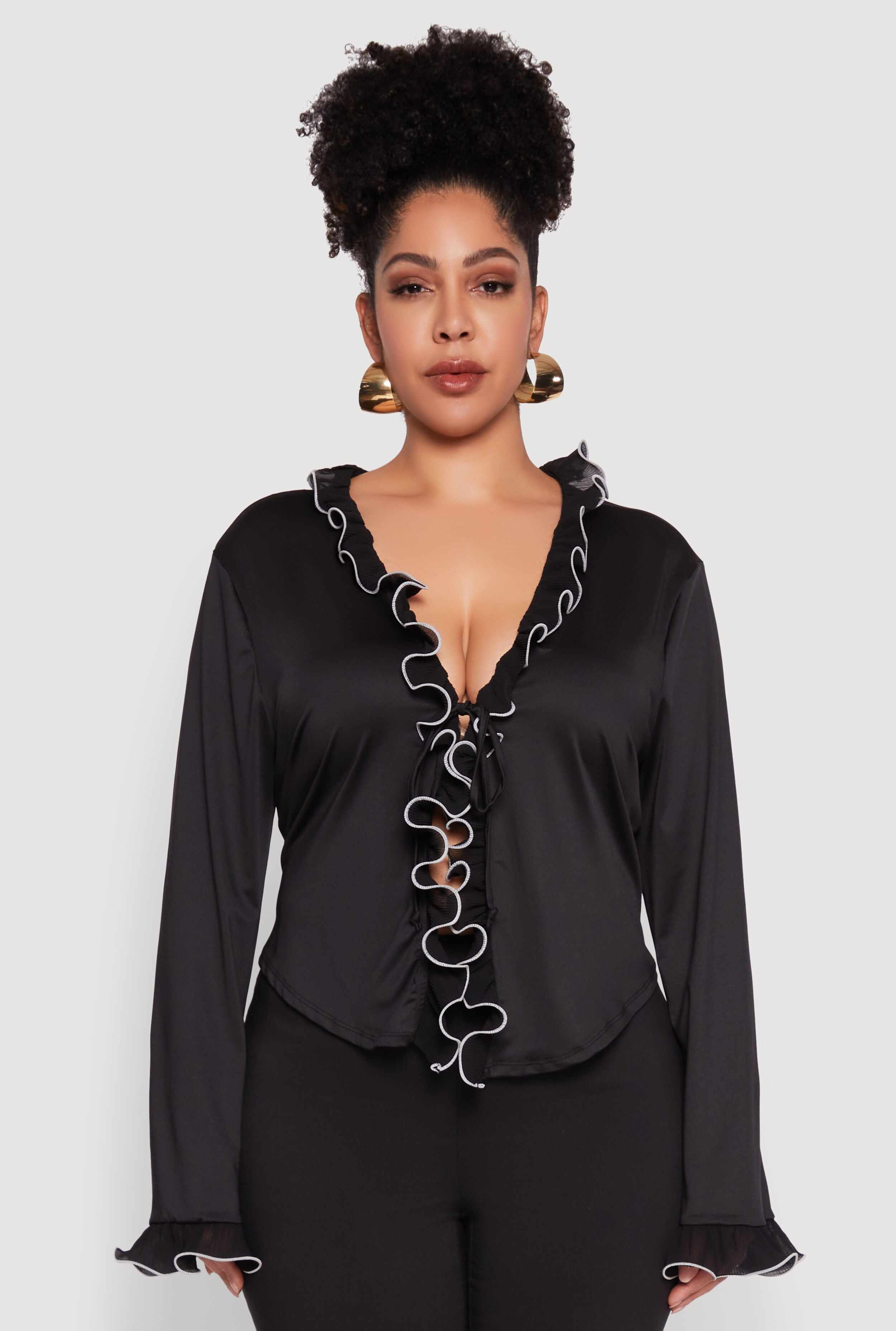 Plus Size Ruffle Trim Tie Front Blouse