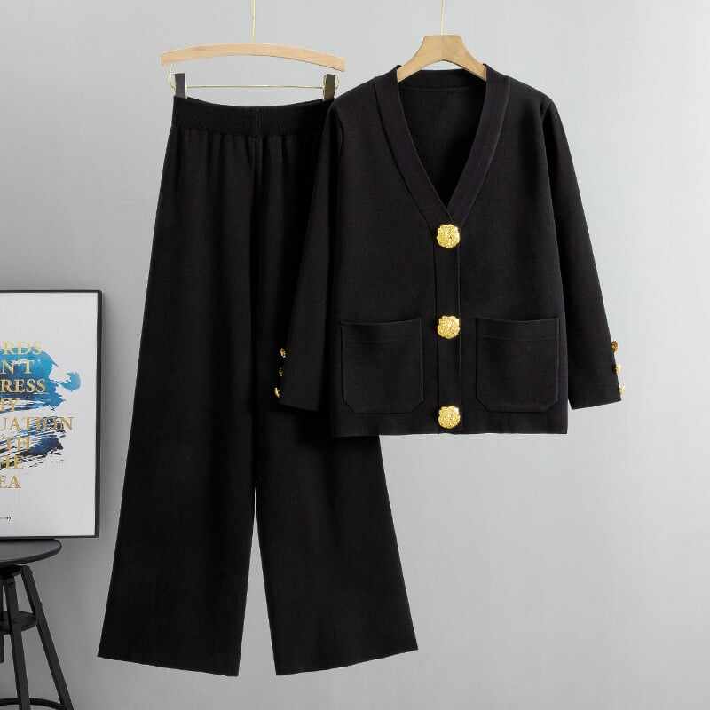 Fashion Metal Button Knit Wool Sweater Wide Leg Pants Set