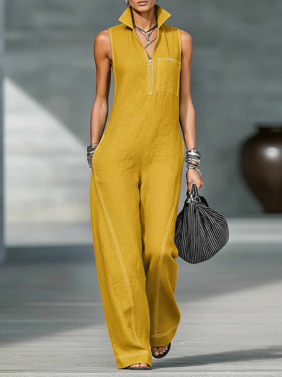 🔥Summer Arrivals🌟Women's Stand-collar Sleeveless Casual Loose Cotton And Linen Jumpsuit