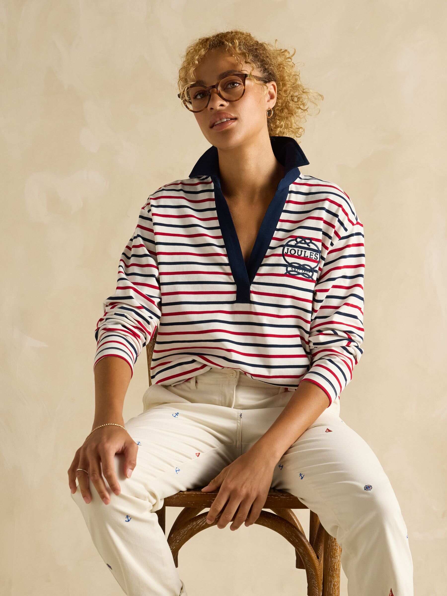 Tallie Navy & Red Stripe Long Sleeve Combed Cotton Collared Top