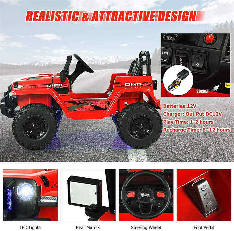 12V Kids Ride-on Jeep Car Battery Powered Electric Truck with Parental Remote Control
