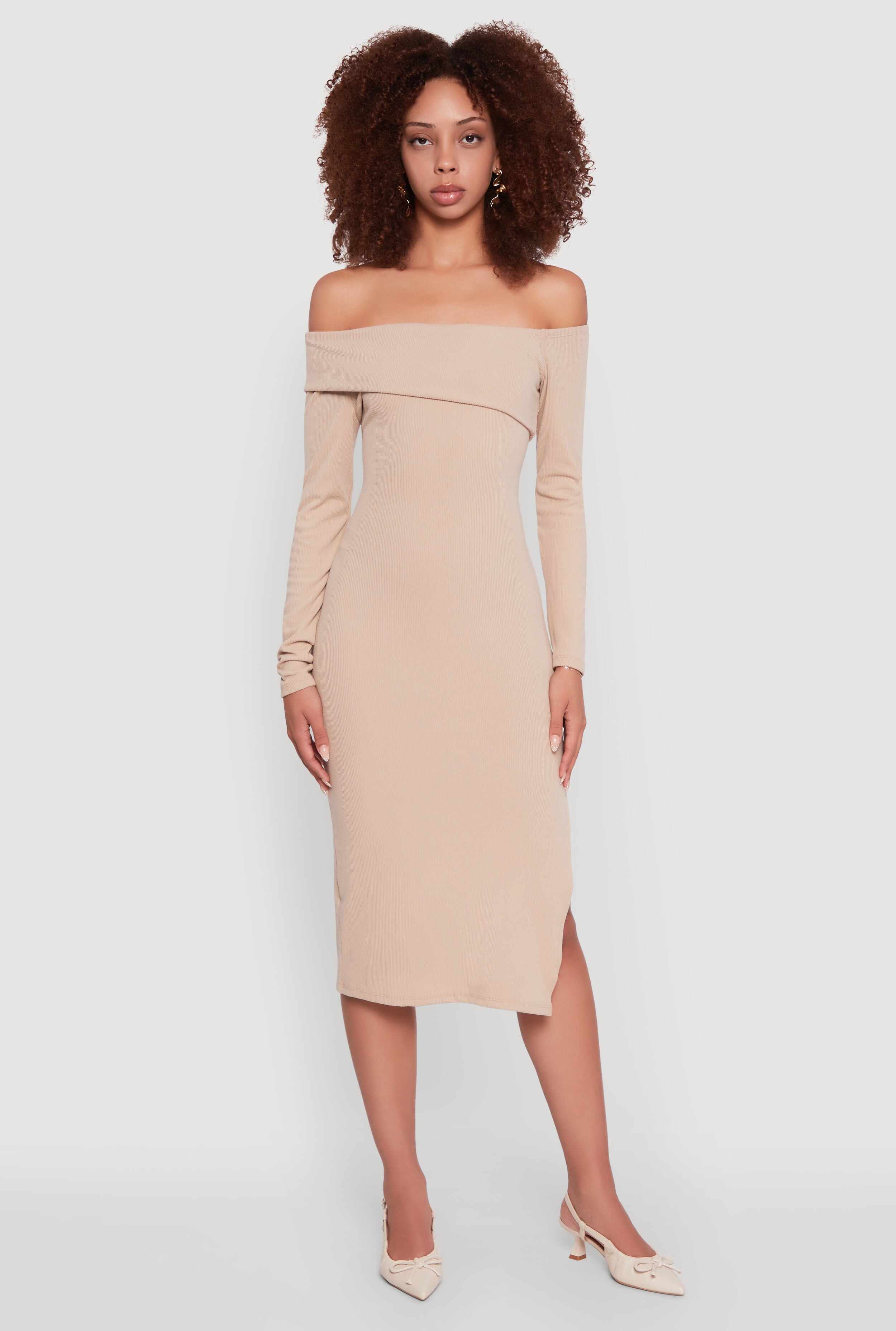 Asymmetrical Fold Over Off The Shoulder Side Slit Dress