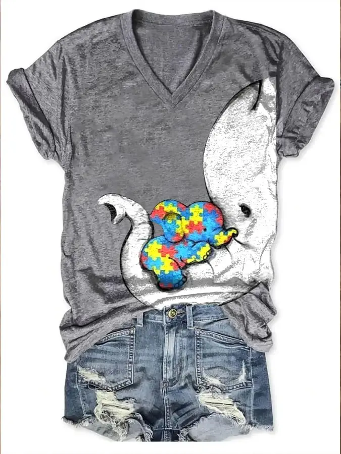 Women'S Autism Elephant And Baby Elephant Print T-Shirt