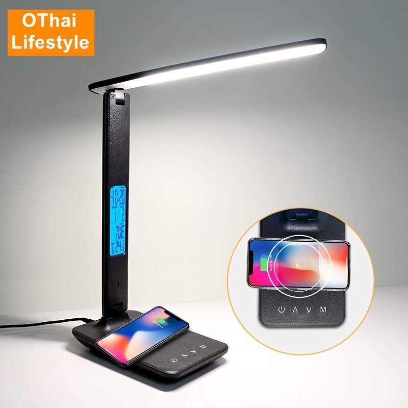 1pc OTHAI LED Desk Lamp, Office Table Lamp With Wireless Charger, Suitable For Home, Office Dimmable Desk Lamp, With USB Charging Port, Built-in Clock, Calendar, Thermometer And Reading Desk Lamp
