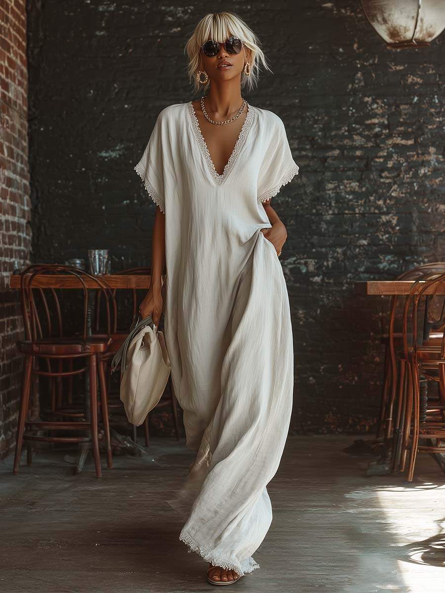 Casual Bohemian Urban V-neck Short-sleeved Lace Trim White Cotton Maxi Dress