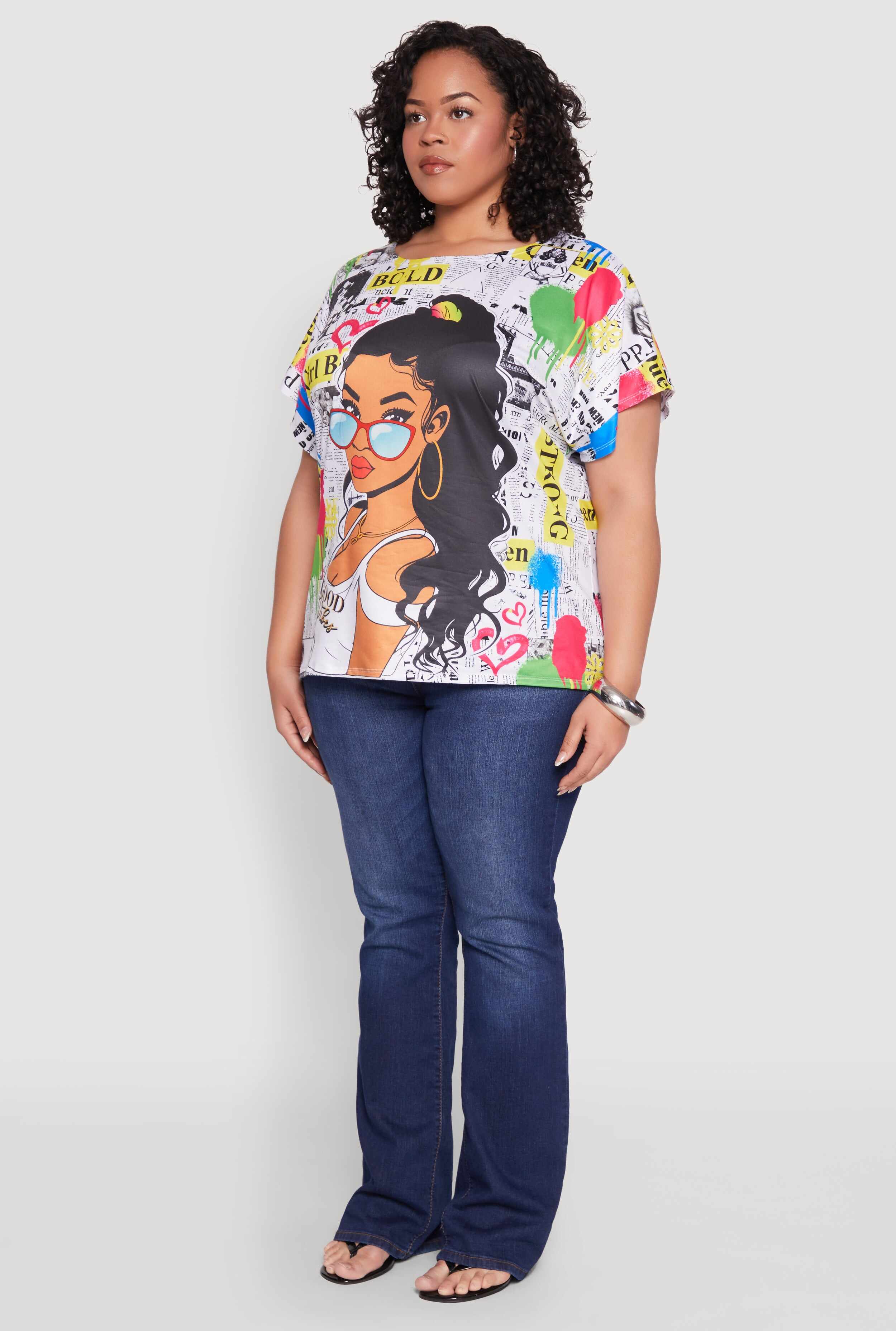 Plus Size Good Vibes Graphic Newspaper Print Tee
