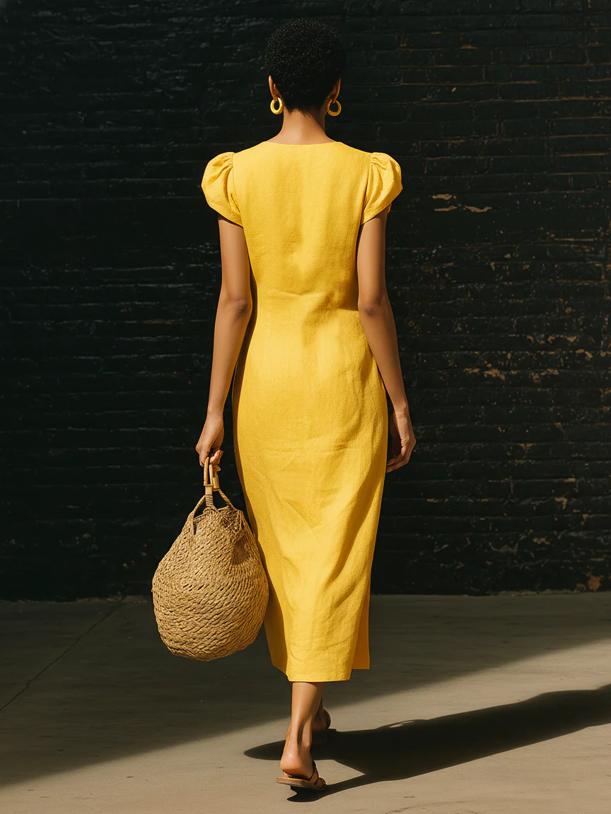 🔥Summer Arrivals🌟Elegant V-neck Button-up Linen Midi Dress