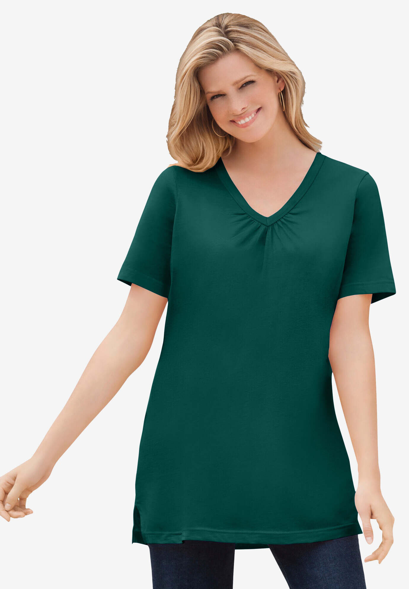 Perfect Short-Sleeve Shirred V-Neck Tunic