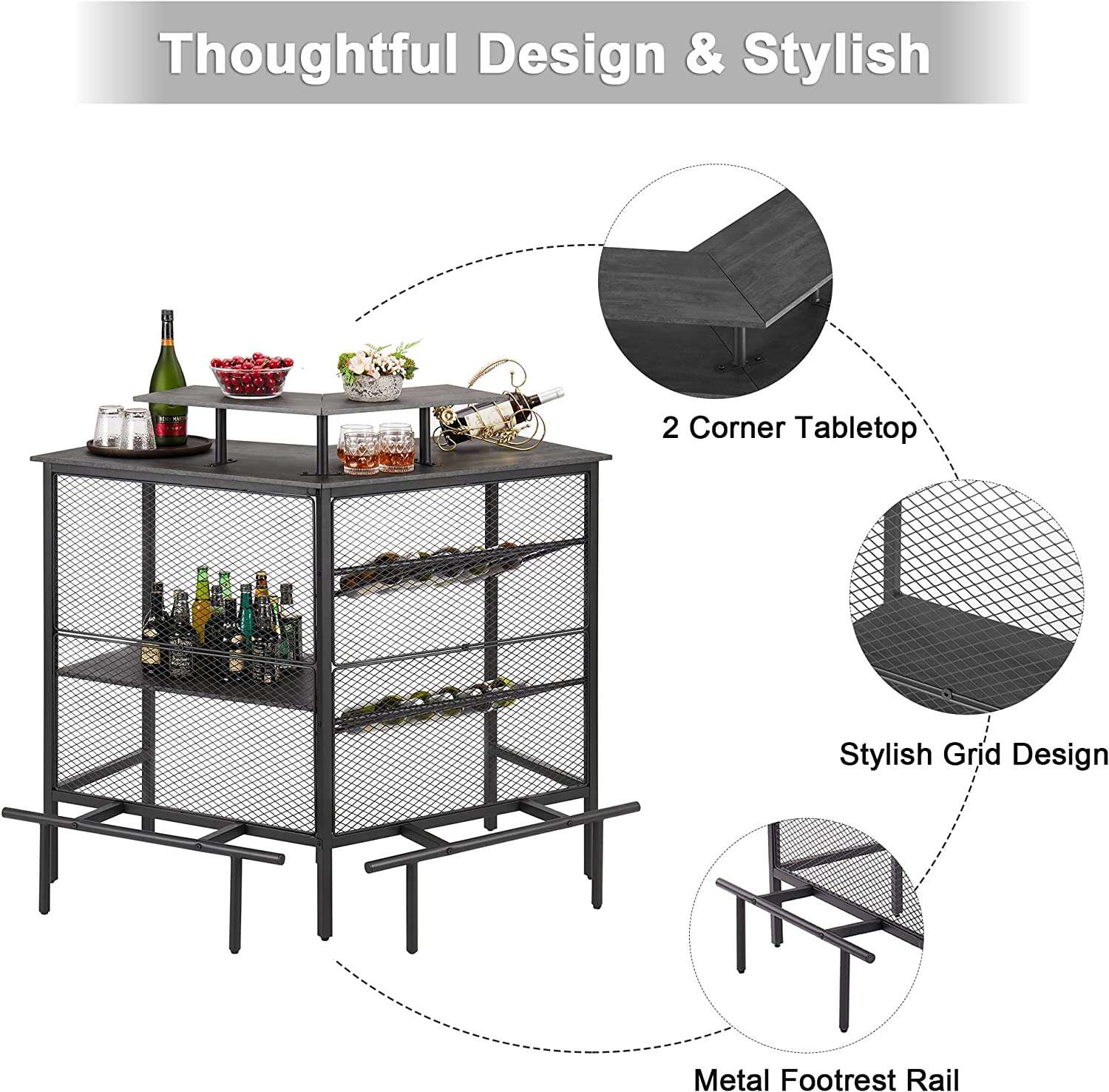 VECELO Bar Unit, 3 Tier Liquor Cabinet with Metal Mesh Front