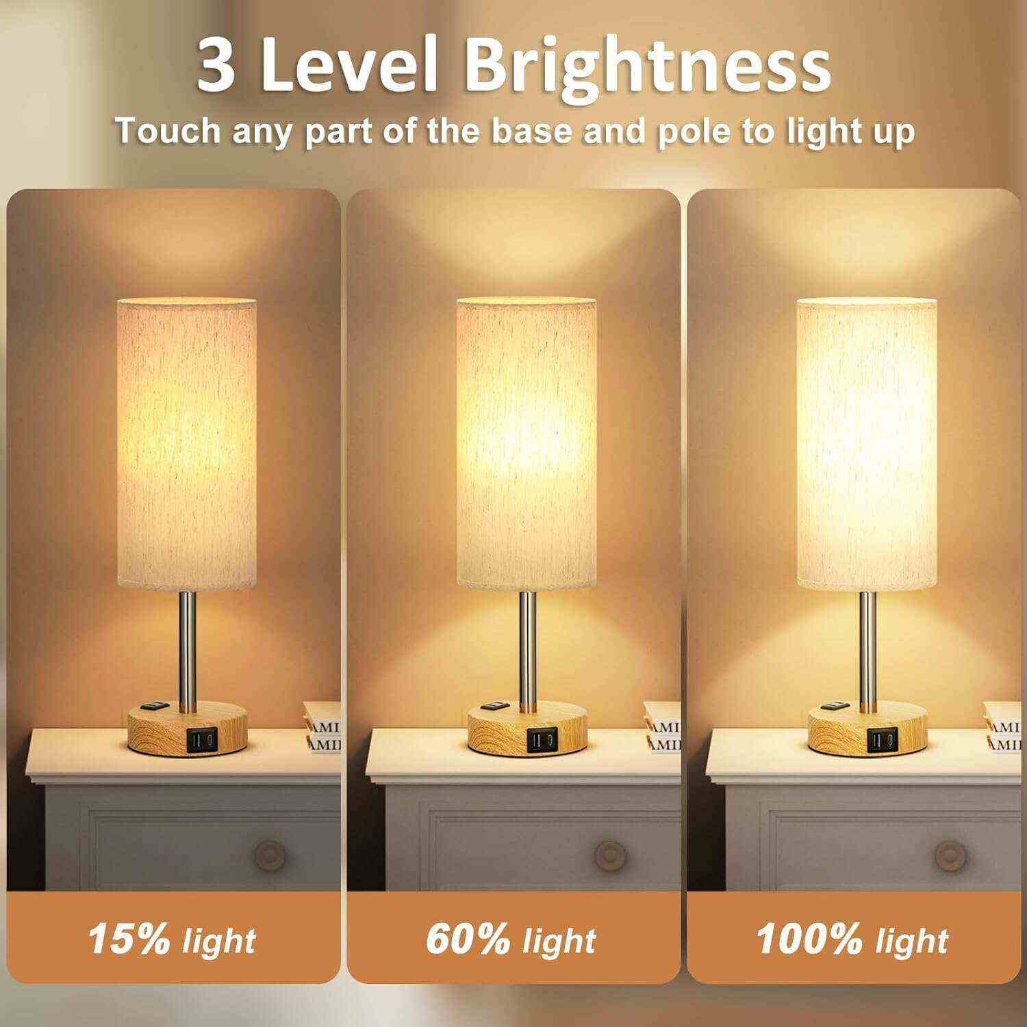 Bedside Table Lamp for Bedroom - 3 Way Dimmable Touch Lamp USB C Charging Ports and AC Outlet, Small Lamp Wood Base Round Flaxen Fabric Shade for Living Room, Desk, LED Bulb Included