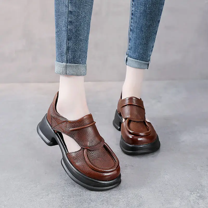 Women'S Thick Sole Hollow High Heeled Sandals With Velcro