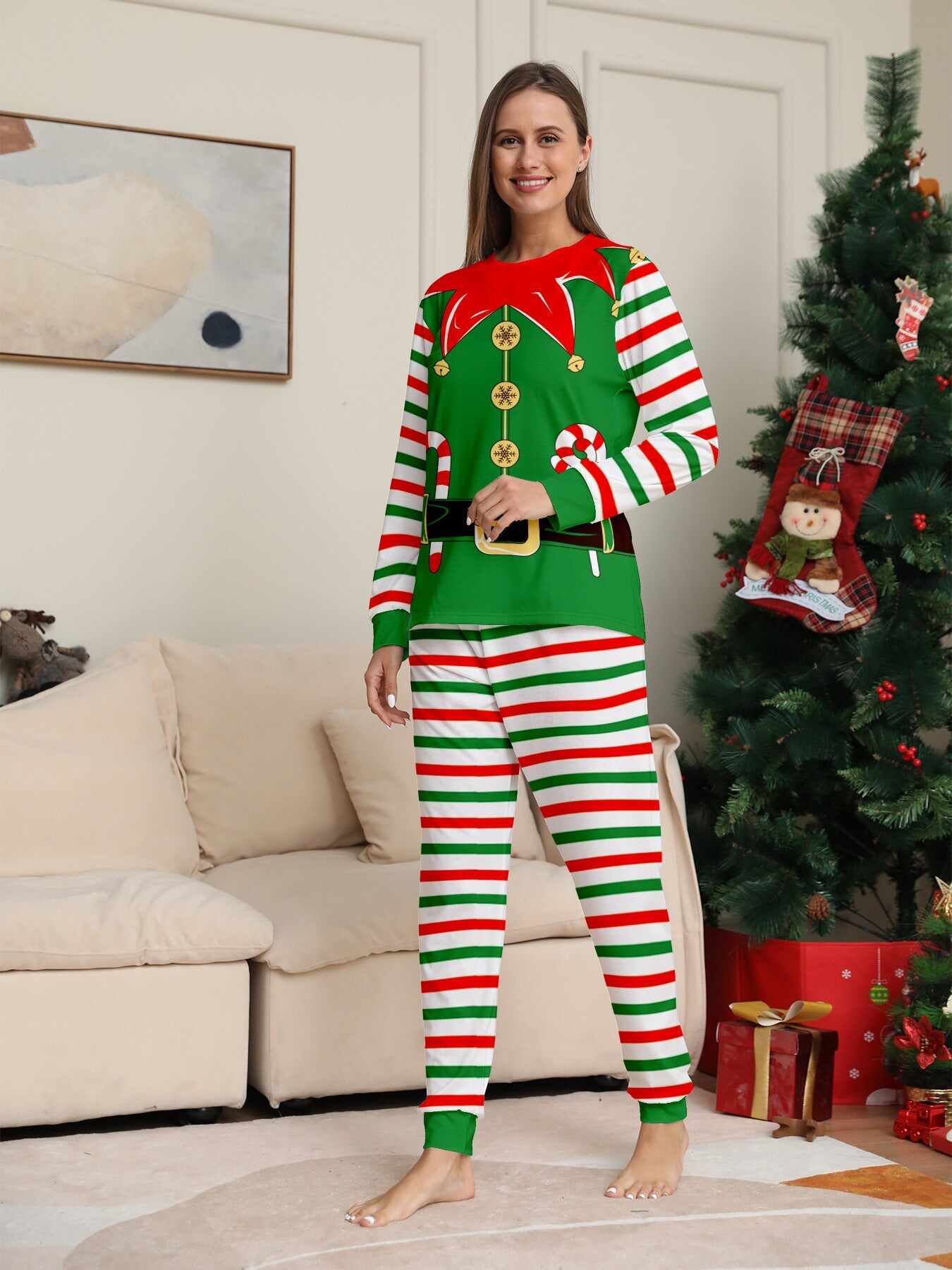 2024 3D Print Christmas Family Pajamas Red Green Striped Crutch Xmas Pajamas