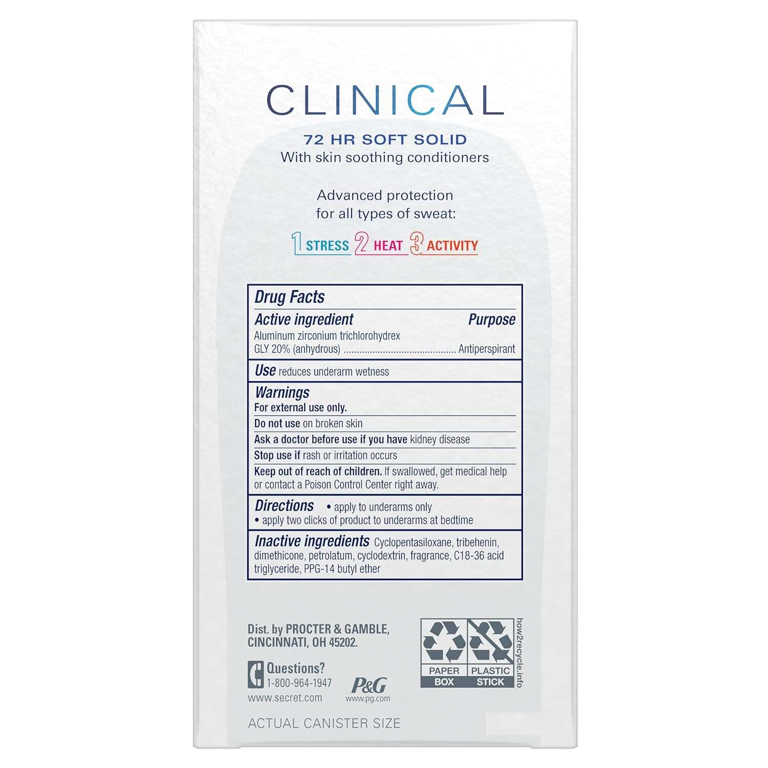 Secret Clinical Strength Antiperspirant and Deodorant Women, Soft Solid Stress Response, 72 Hr Sweat Protection, 1.6 oz (Pack of 3)