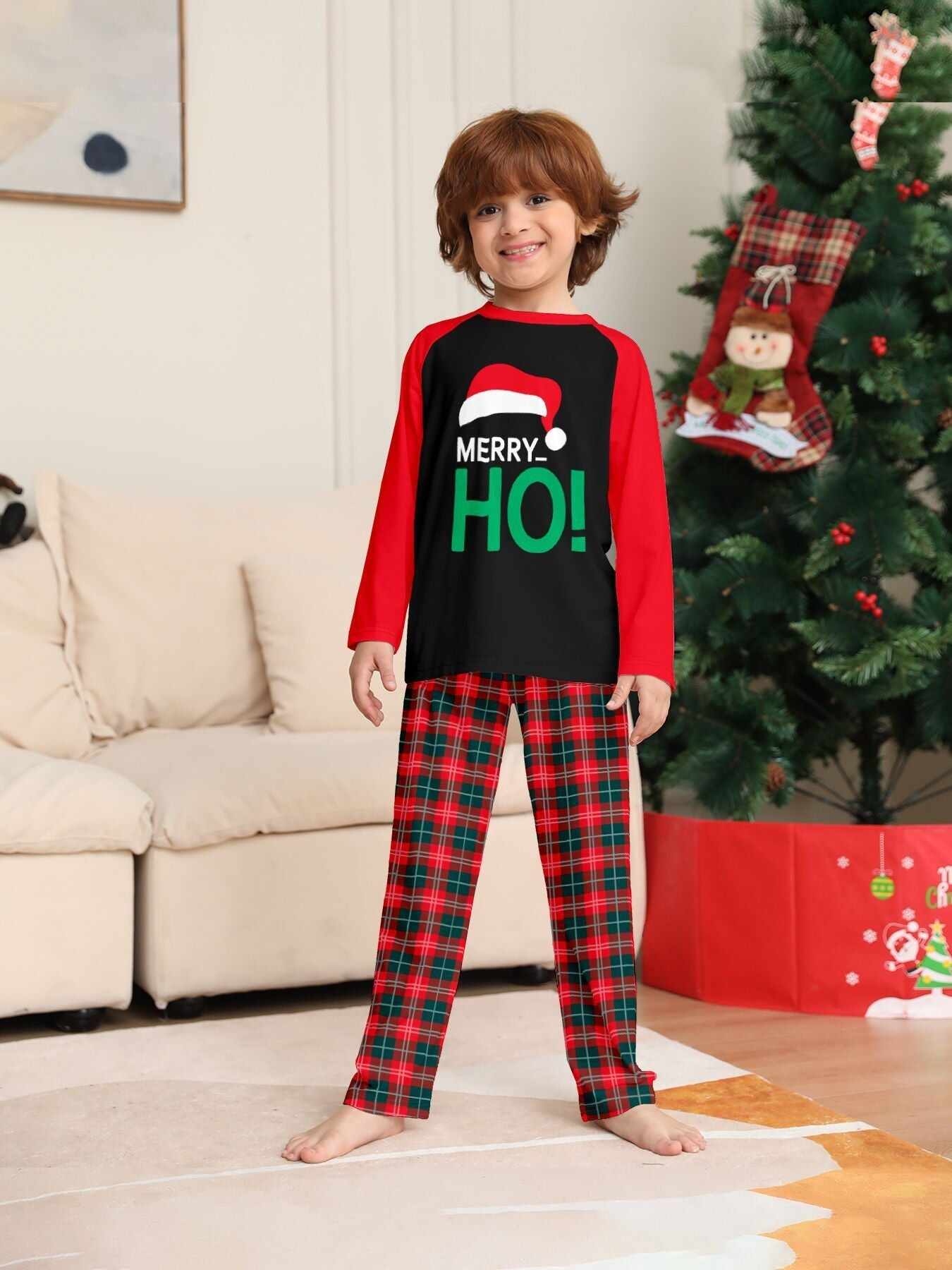 Santa Hat Monogrammed Family Holiday Plaid Pajama Set