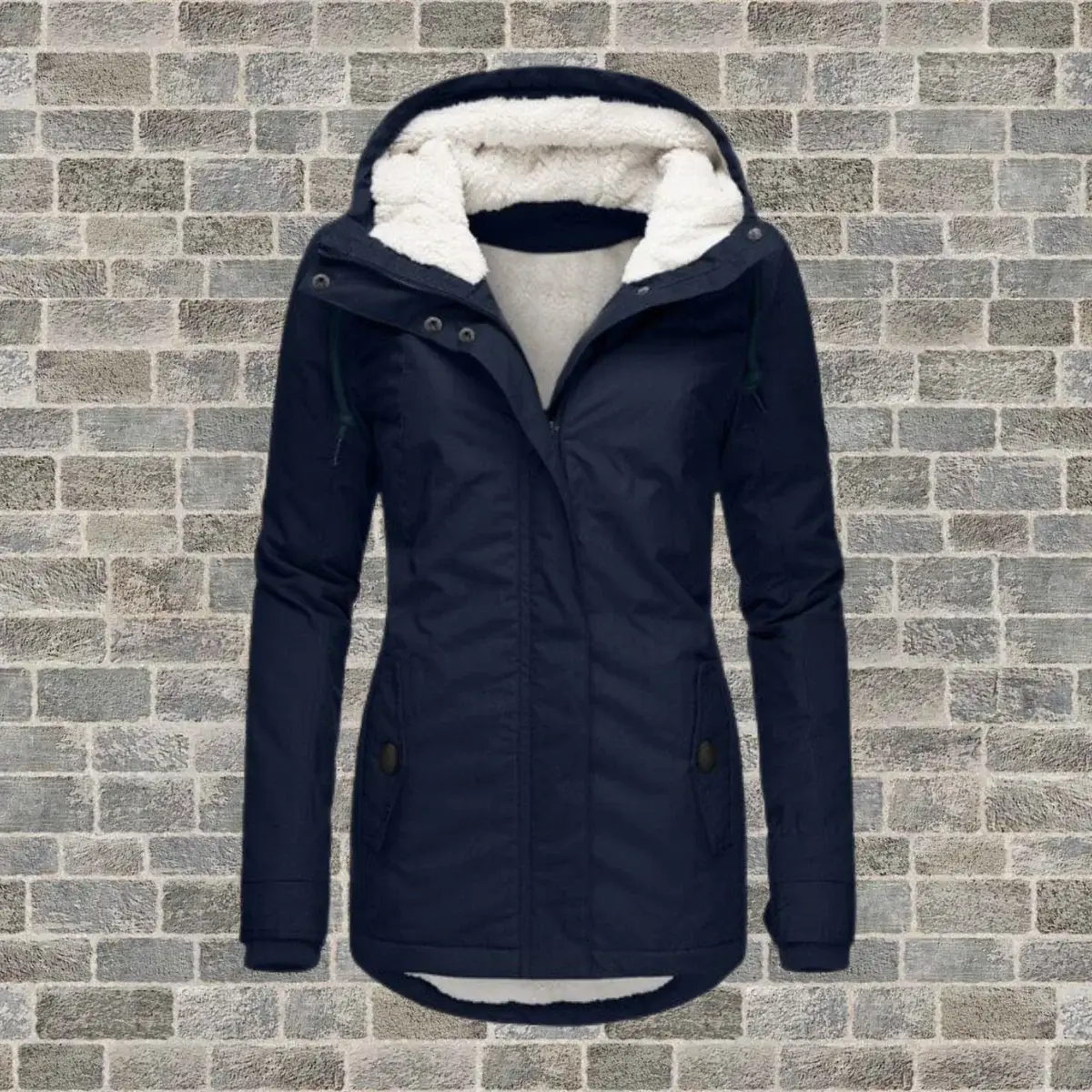 Navy Blue Women's Thermal Hooded Parka - Fleece-Lined, Waterproof, Slim Fit