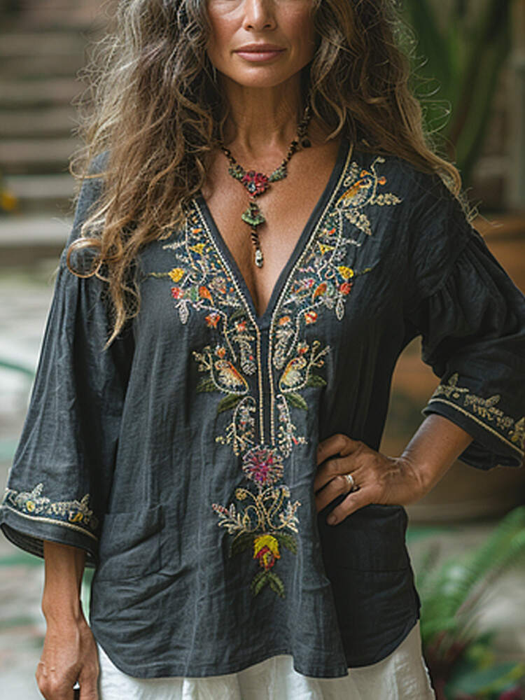 Women's Vintage Linen Bohemian Print Shirt
