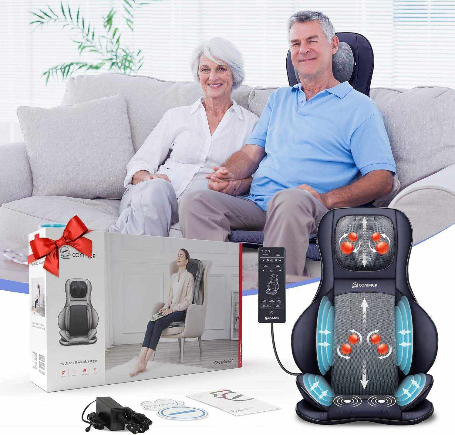 COMFIER Shiatsu Neck Back Massager with Heat and Compression, App Control 2D or 3D Deep Tissue Kneading Massage Chair Pad, Chair Massager for Full Body Pain Relief, Ideal Gifts,Grey