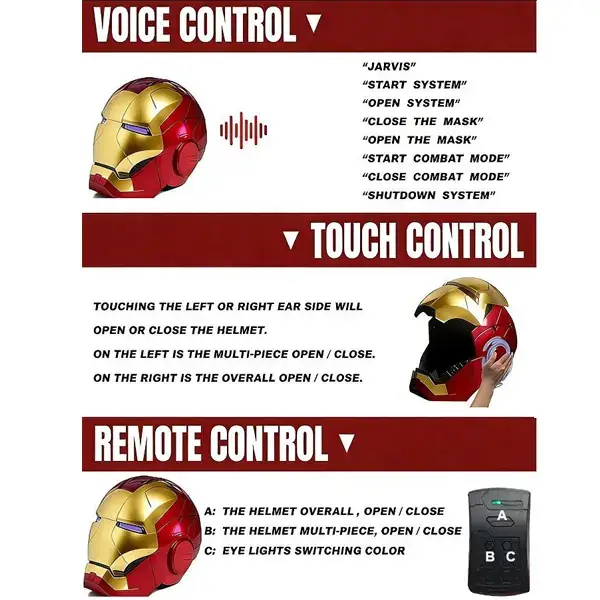 Iron Man MK5 Electric Helmet: 1:1 full-scale wearable, fully automatic voice-controlled opening and closing, high-grade electroplated metal finish, Jarvis AI interactive system, built-in LED glowing eyes, high-end collectible model