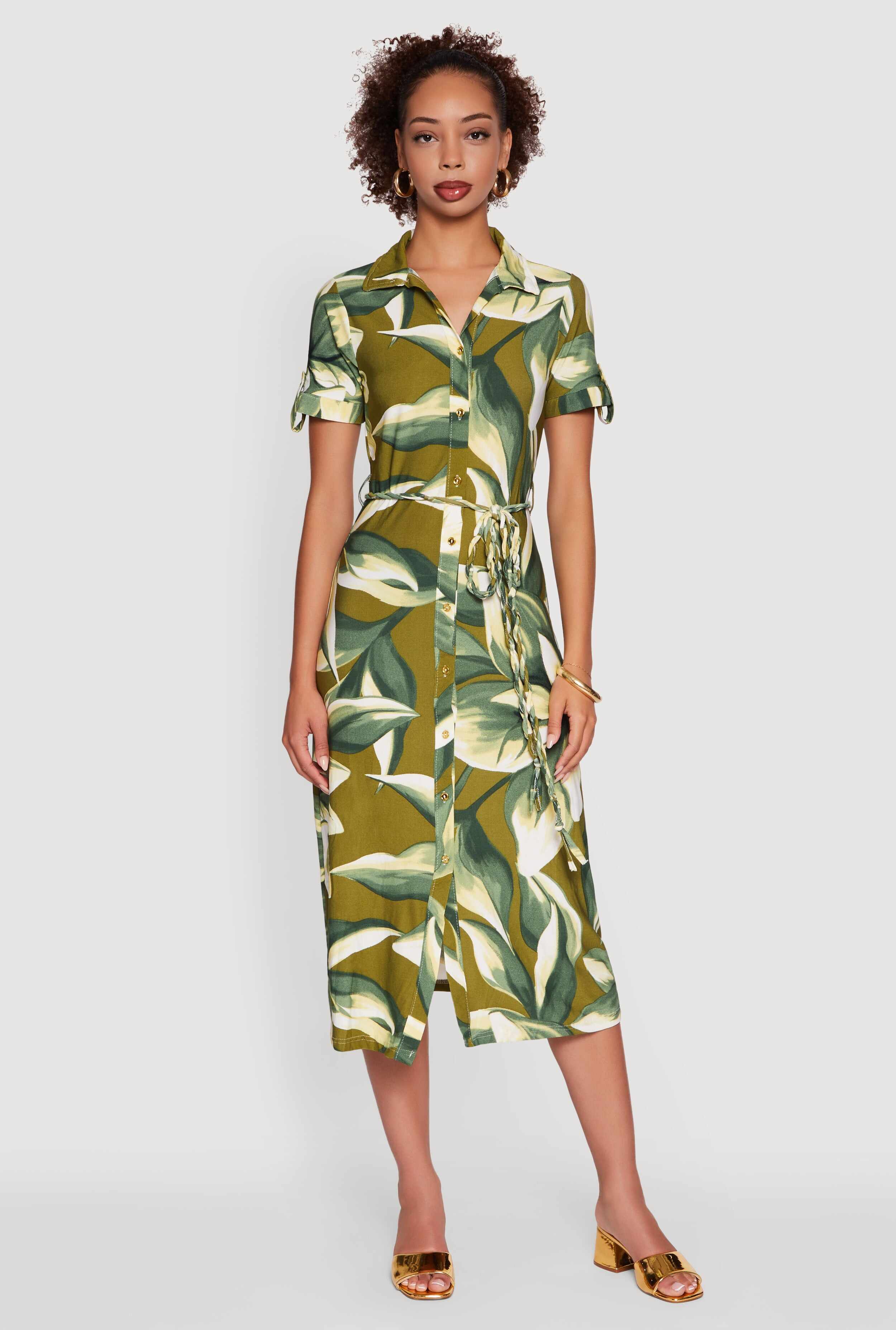 Leaf Print Button Front Shirt Dress with Tie Waist Belt