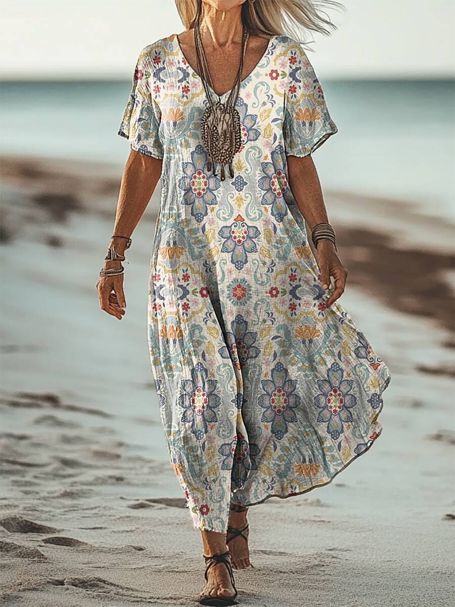 Women's Vintage Ethnic Floral Art Patterns Print Short Sleeve Pocket Cotton Linen Dress