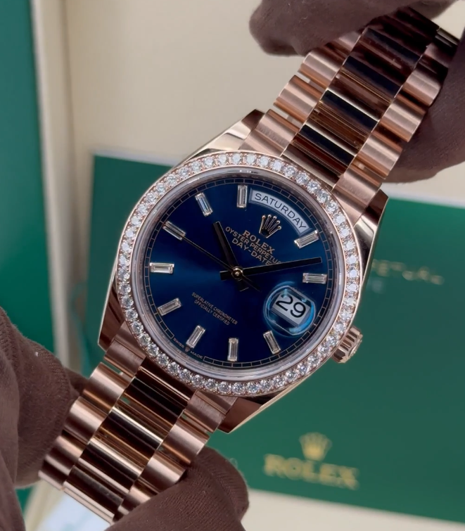 NEW 2025 Rolex Day-Date 36mm 128345RBR Rose Gold Blue Baguette Dial