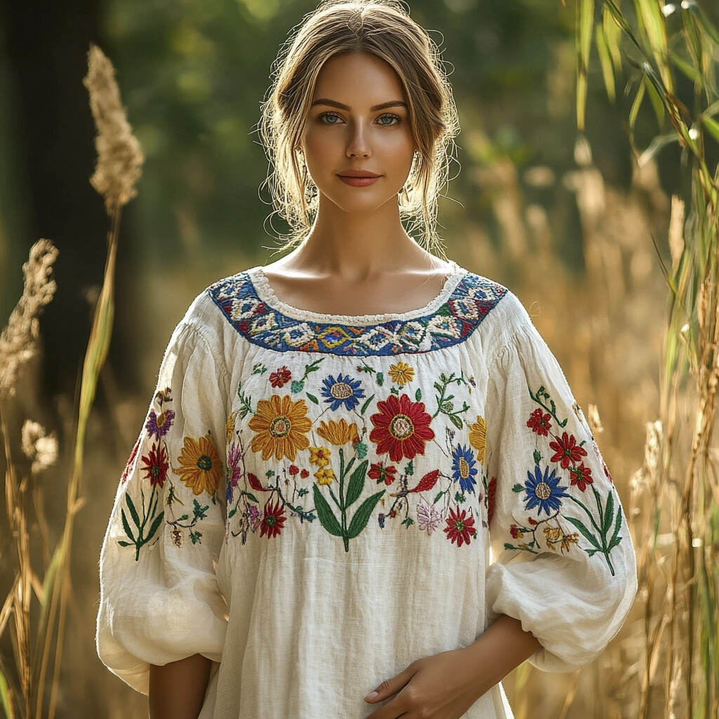 Bohemian Floral Embroidered Folk Women's Linen Shirt