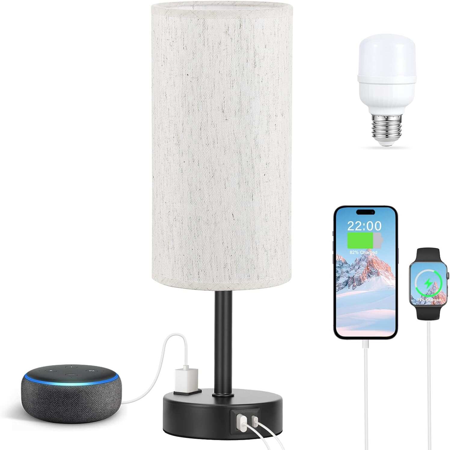 Bedside Table Lamp for Bedroom - 3 Way Dimmable Touch Lamp USB C Charging Ports and AC Outlet, Small Lamp Wood Base Round Flaxen Fabric Shade for Living Room, Desk, LED Bulb Included