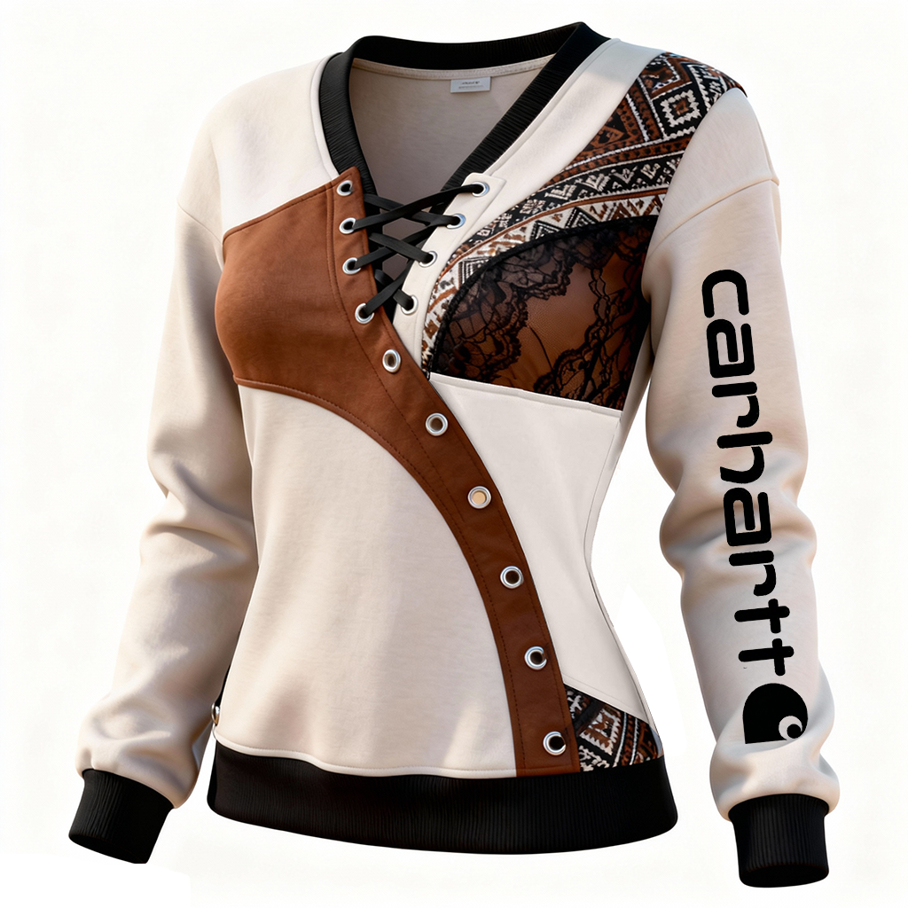 Women's Stylish Lace Up V-neck Sweatshirt With Lace