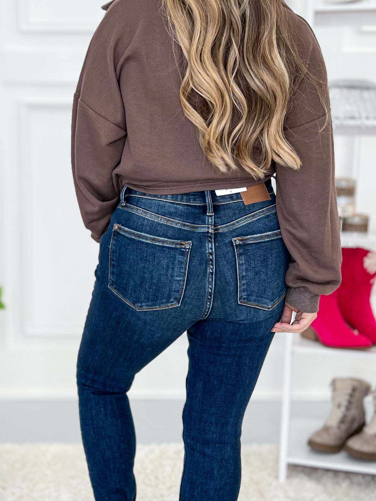 The Skinny Dip - Christmas Vintage Raw Hem Skinny Jeans- Final Sale