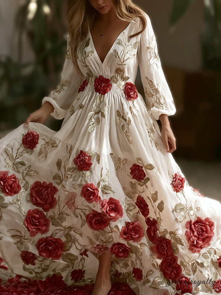 Bohemian Style Red Rose Retro Cotton And Linen Woman's V-neck Dress