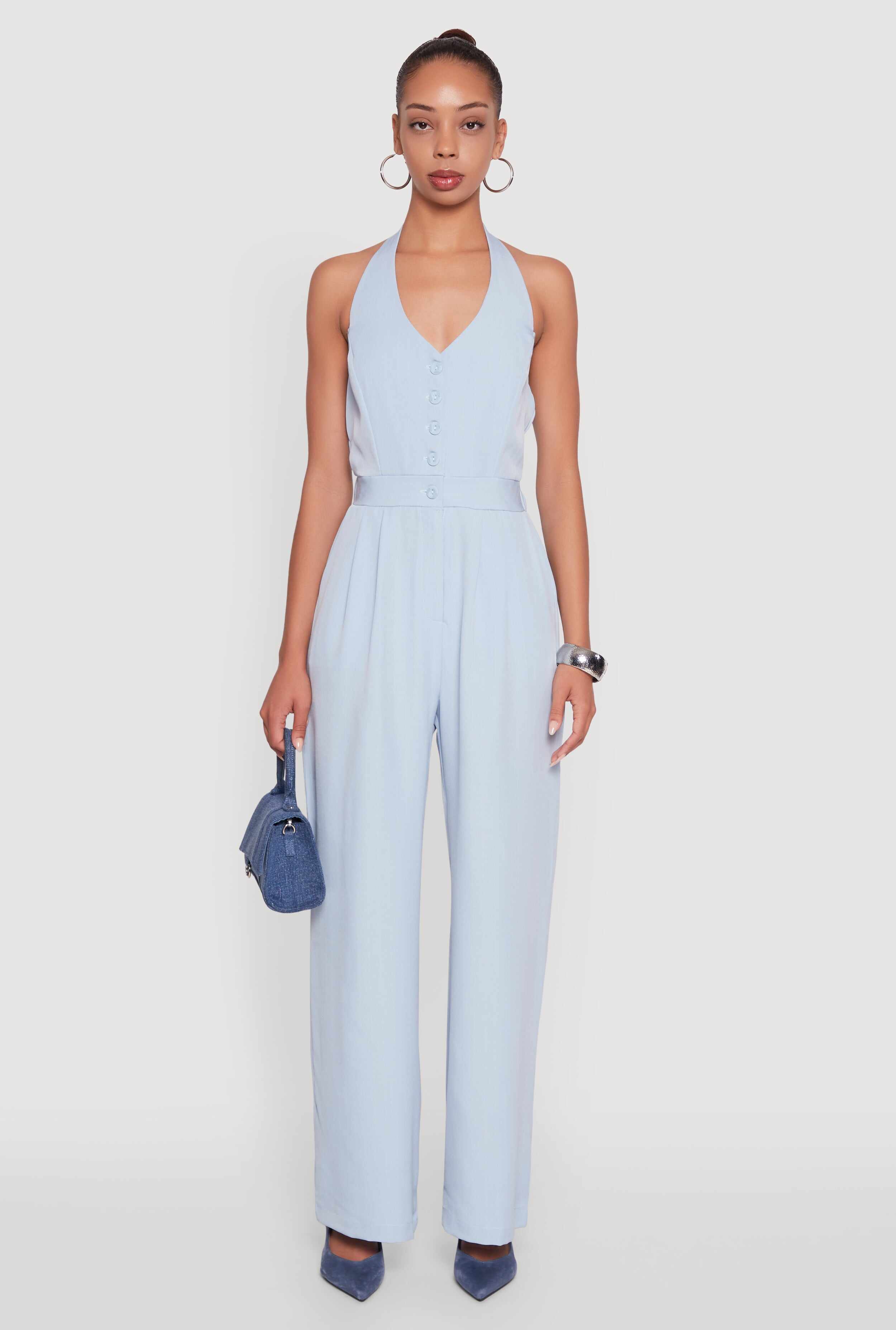 Pinstripe Button Front Halter Jumpsuit