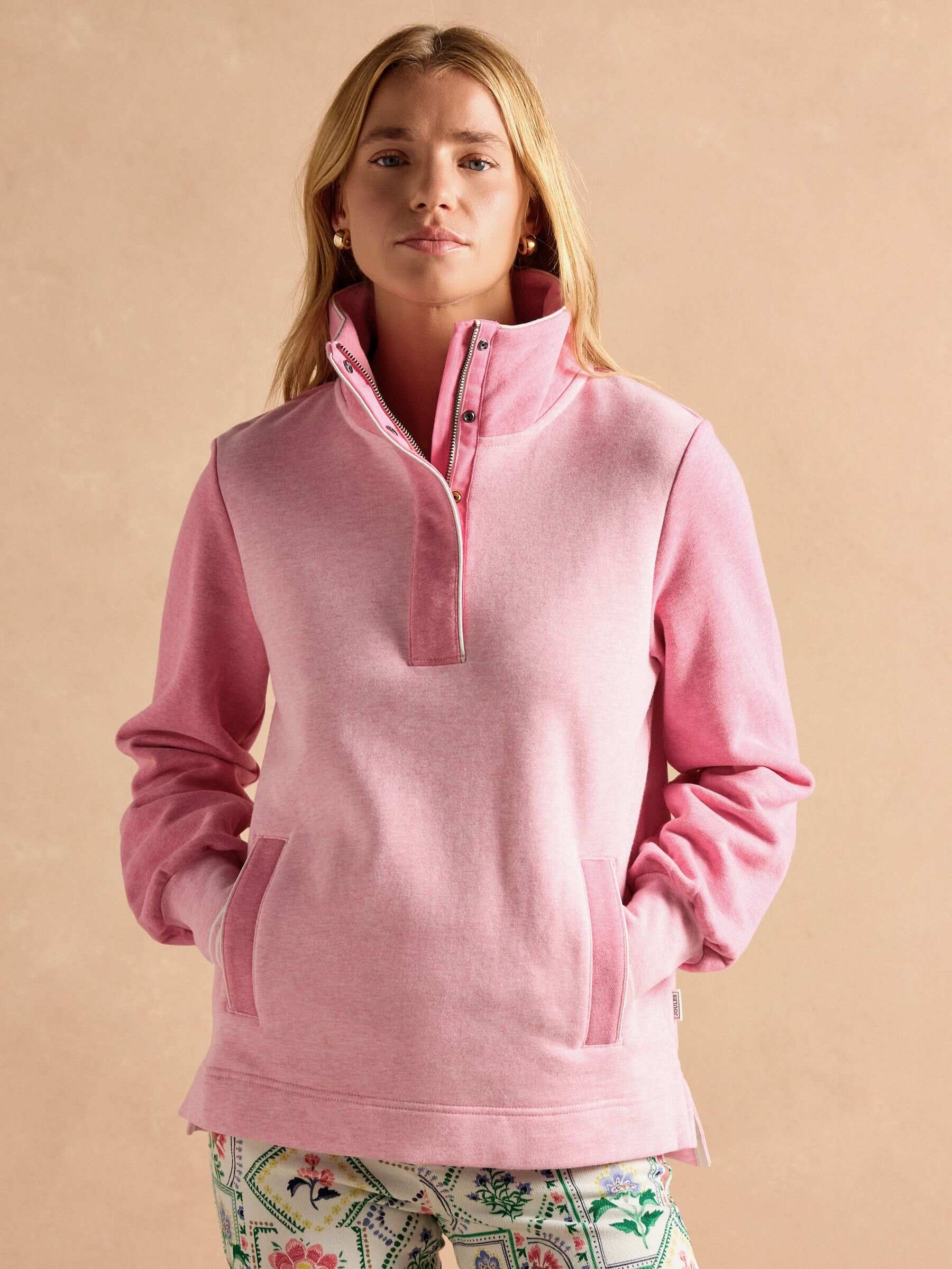 Burnham Pink Cotton Funnel Neck Quarter Zip Sweatshirt