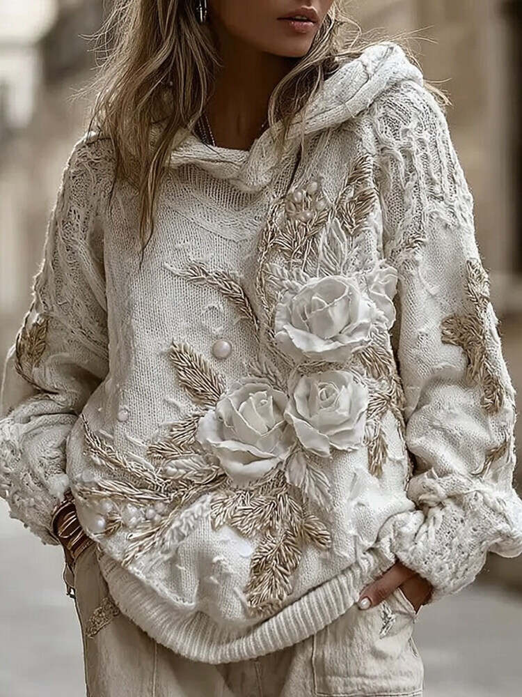 Women's Vintage White Rose Knitted Warm Hooded Sweater