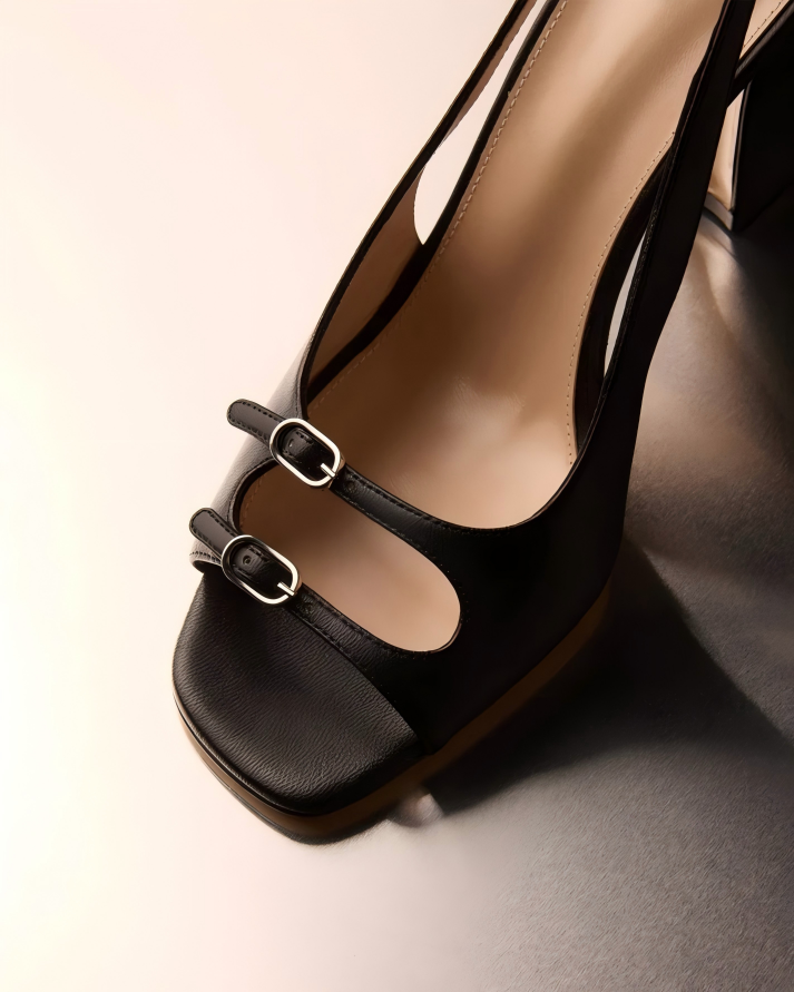 Black Leather Slingback Block Heels