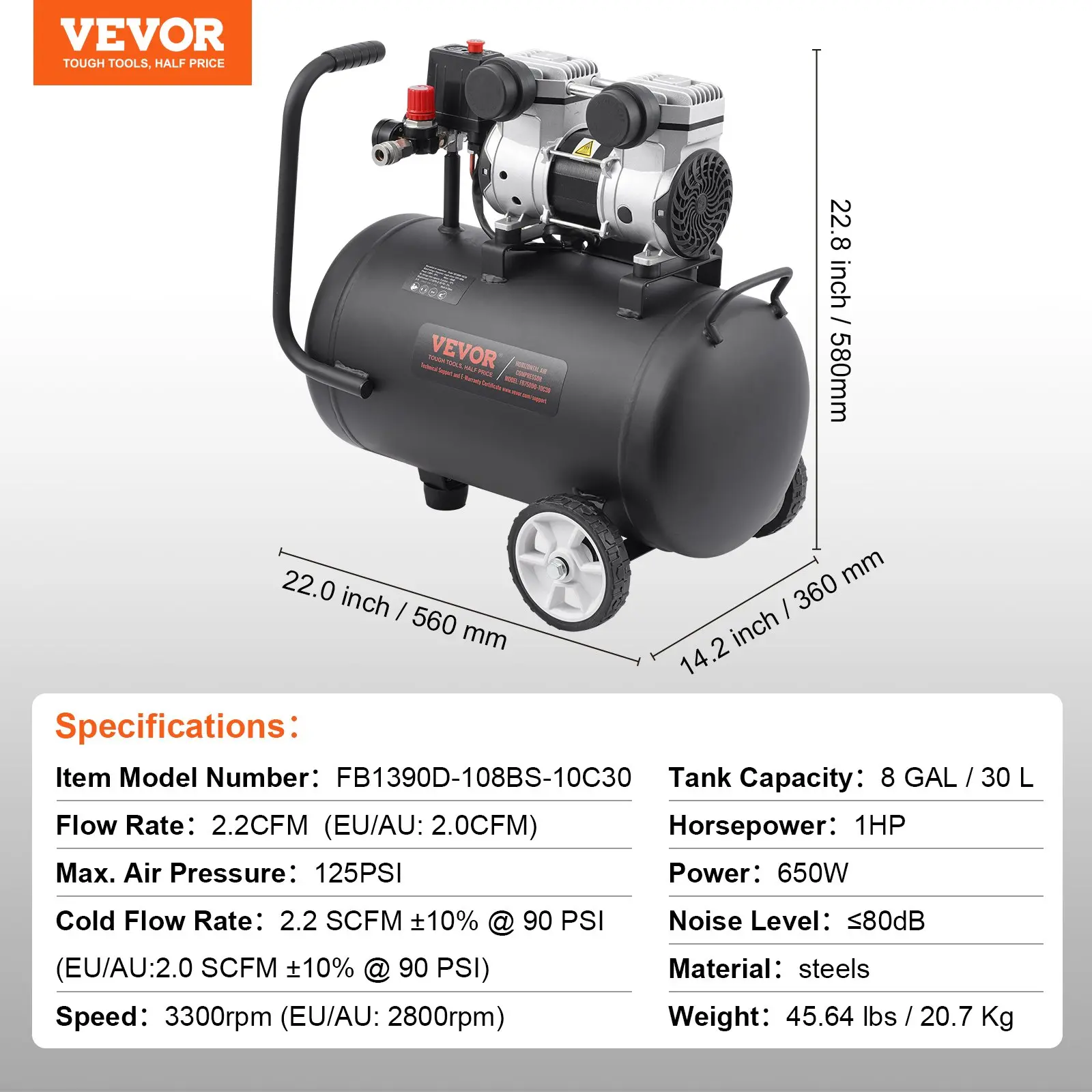 13 Gallon Air Compressor,, 2HP 4.6 SCFM@90PSI Oil Free Air Compressor Tank, 66dB Ultra-Quiet Compressor for Tire Inflation, Auto Repair, Woodwork Nailing, Spray Painting (125PSI Max Pressure)