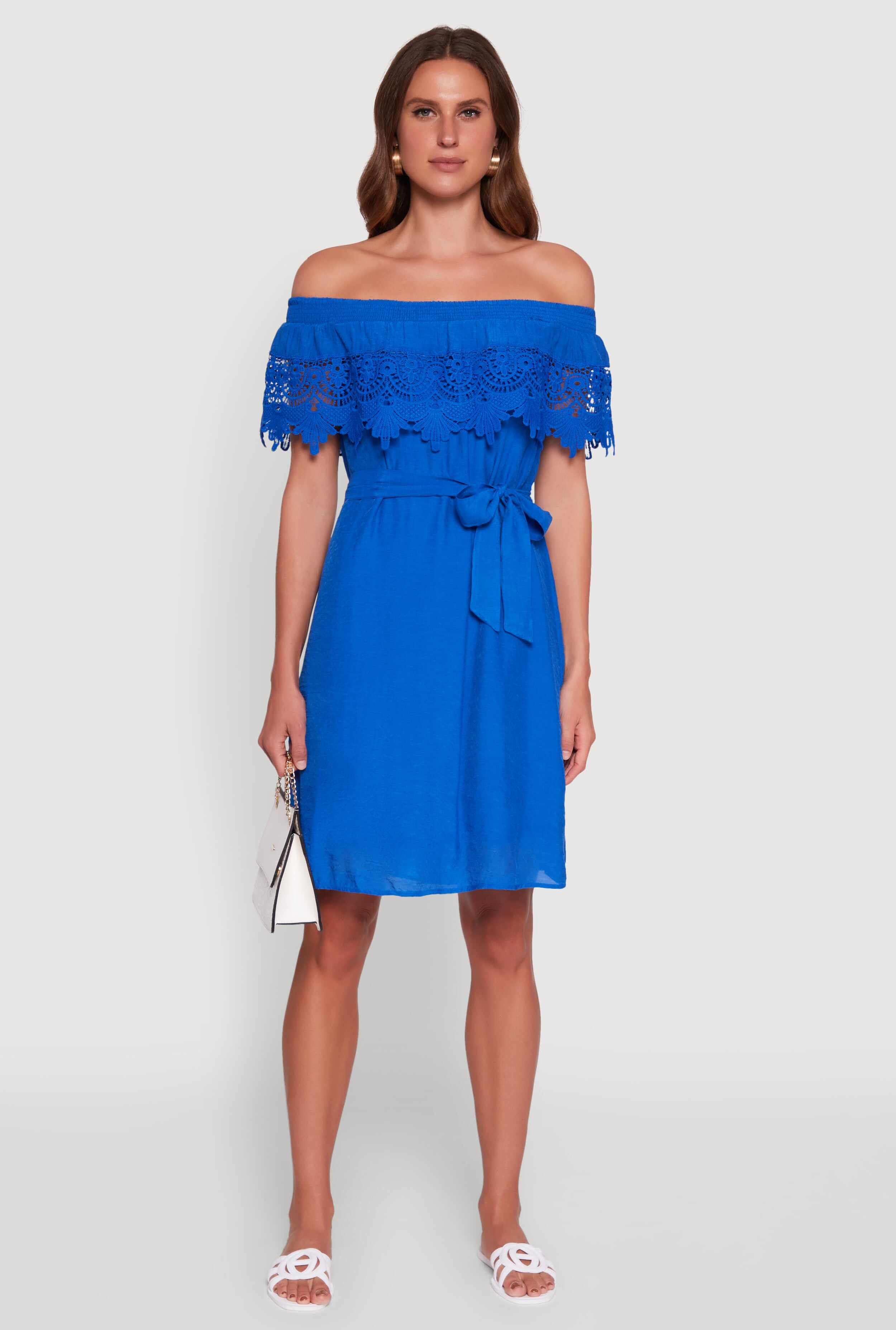 Chic Off the Shoulder Crochet Sundress with Tie Waist Belt