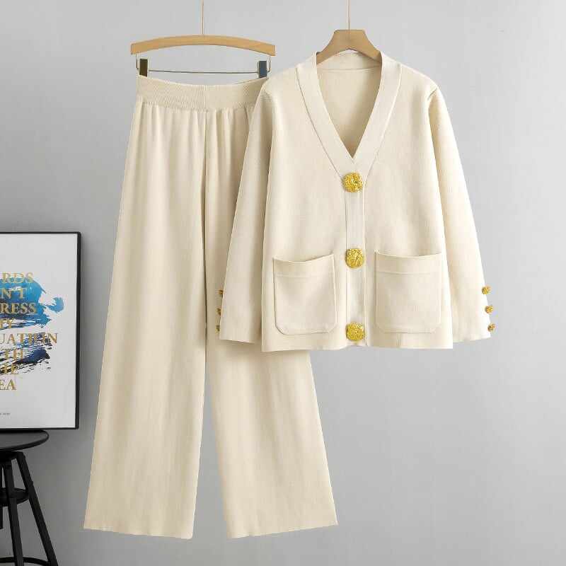 Fashion Metal Button Knit Wool Sweater Wide Leg Pants Set