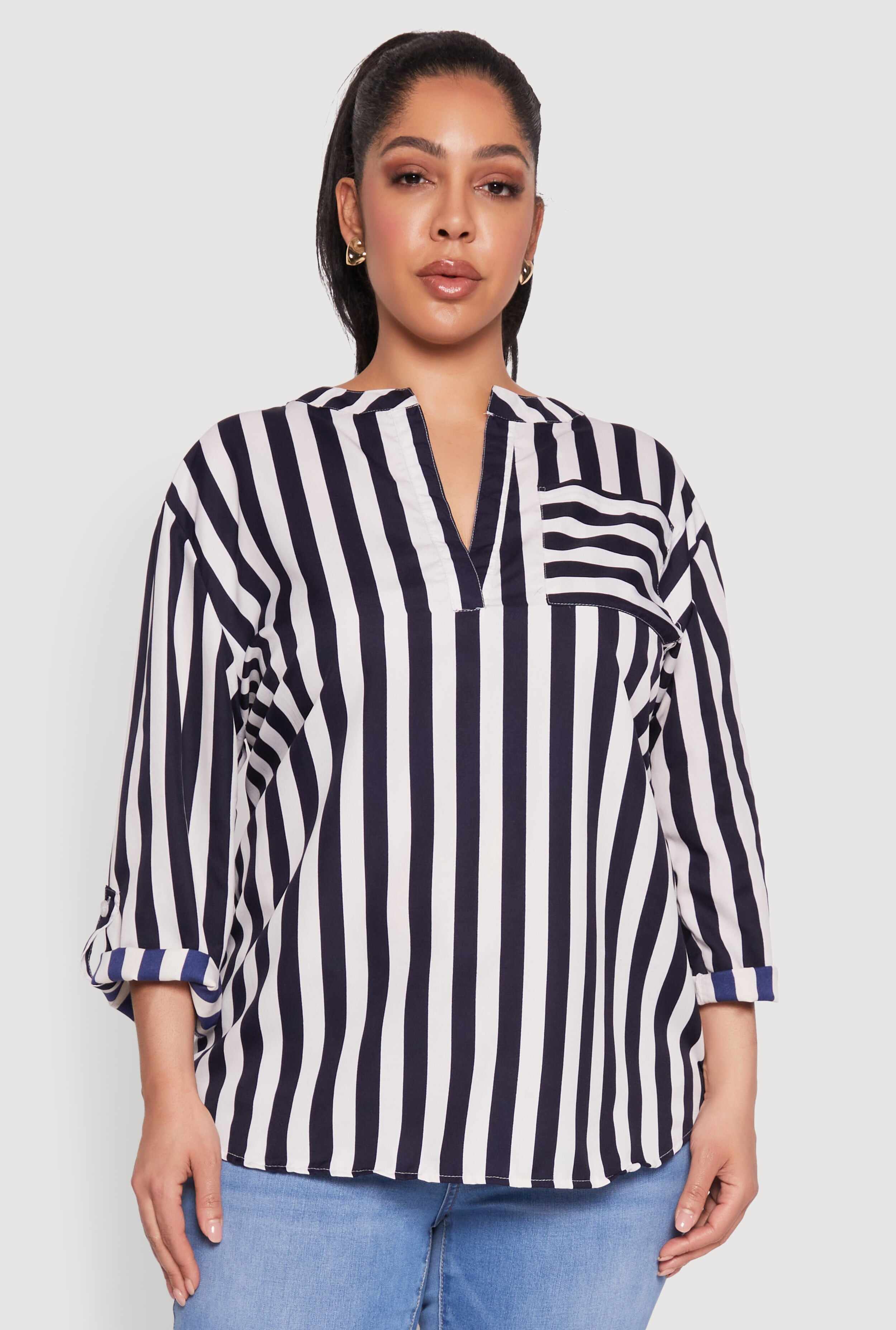 Plus Size Striped Notch Neck Blouse