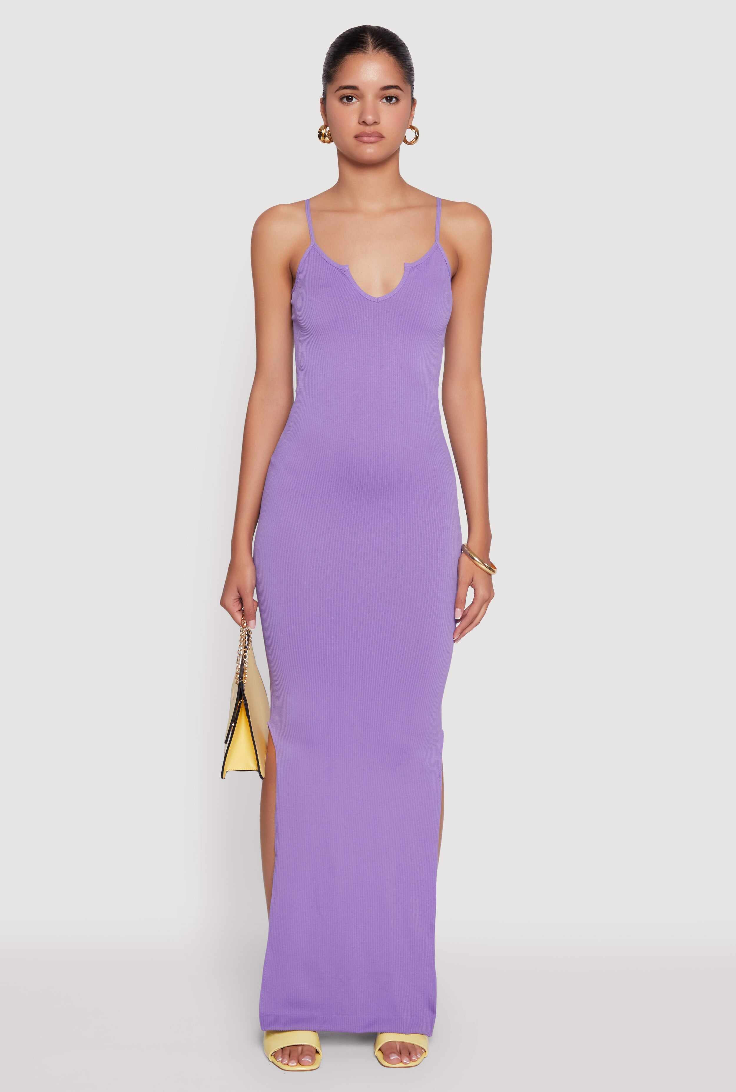 Ribbed Knit Sleeveless Notch Neck Maxi Dress