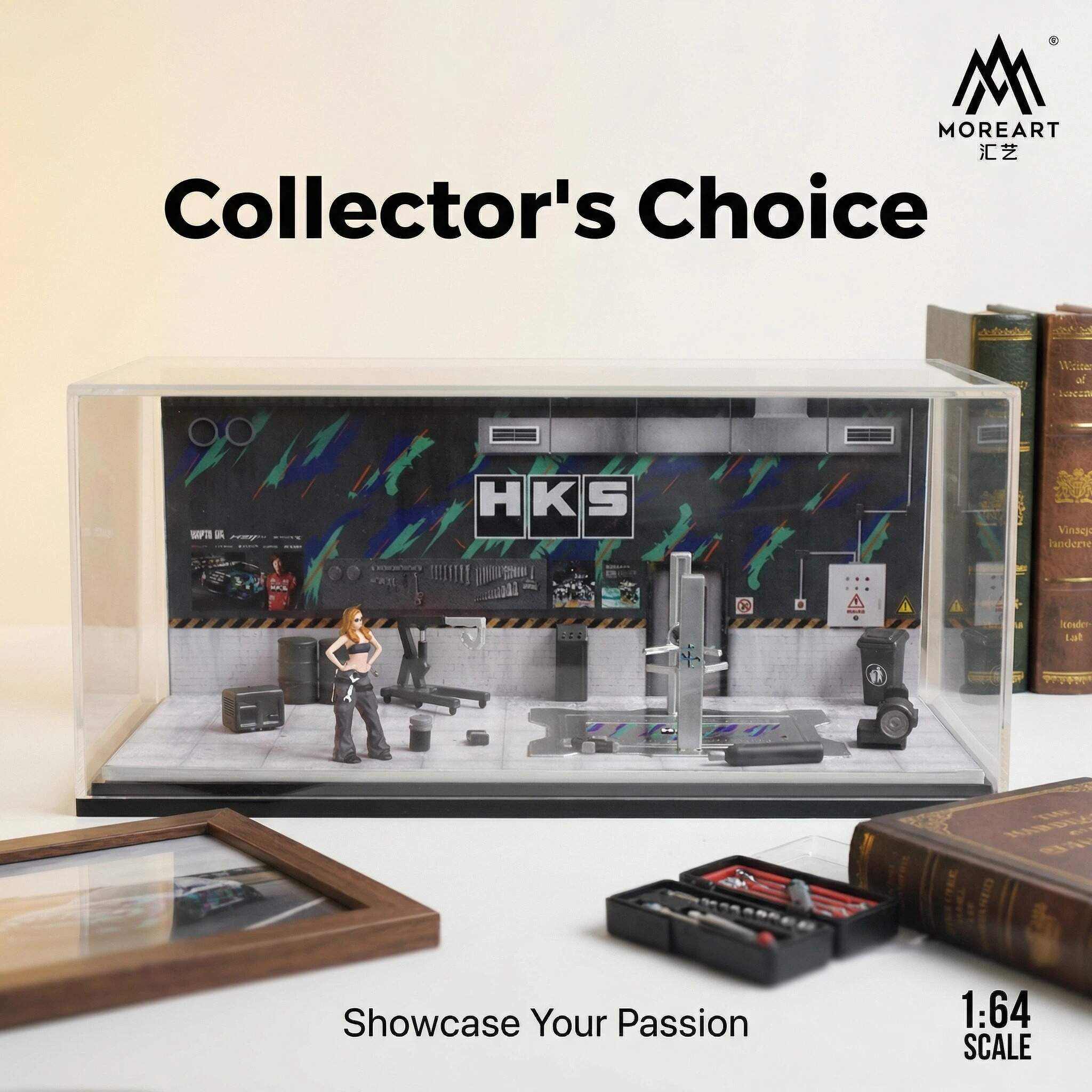 1:64 Scale Performance Tuning Garage Diorama Display Case – Motorsport Workshop Scene for Diecast Cars